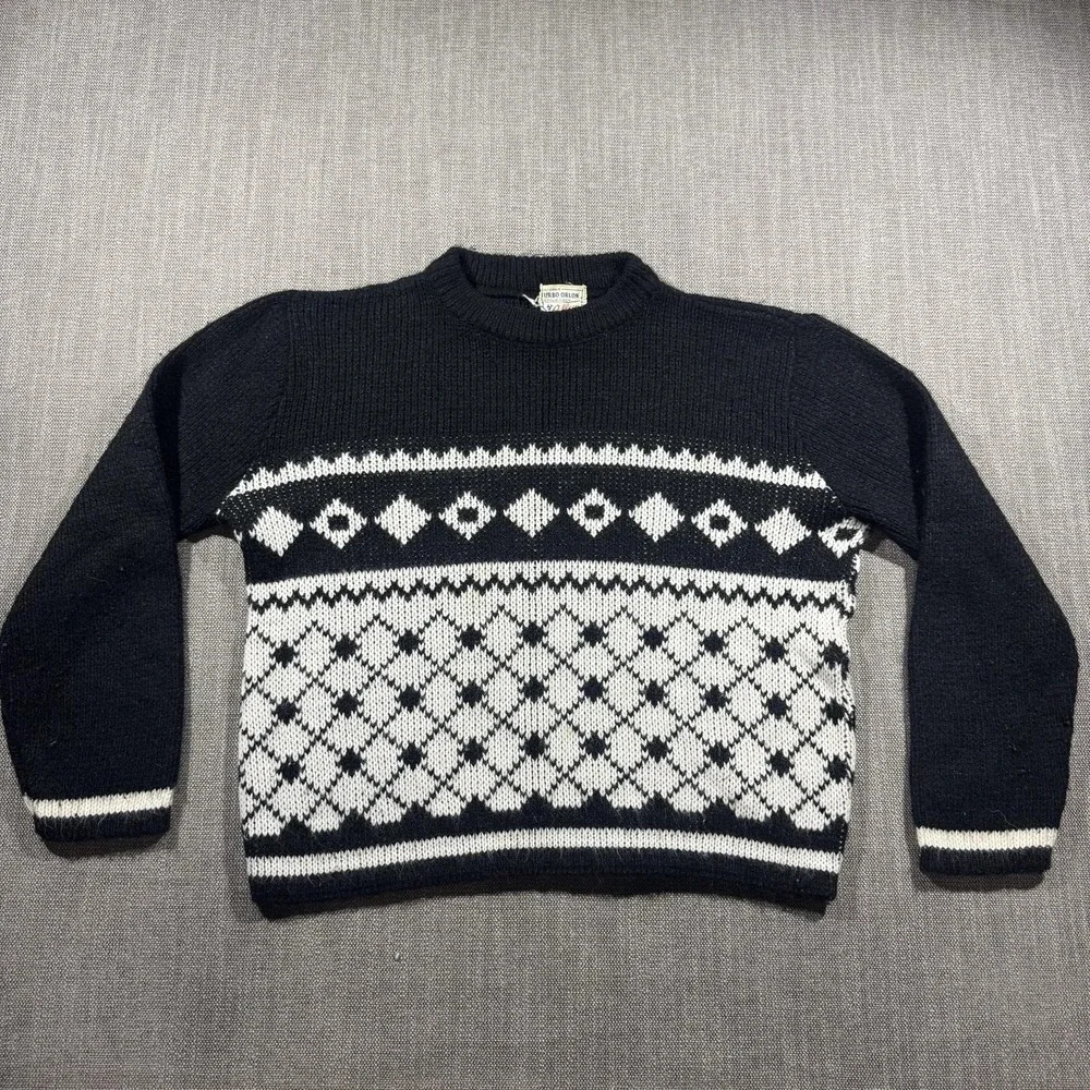 Vintage Colleen Sweater Womens Small Black‎ White Argyle Knit Orlon Pullover